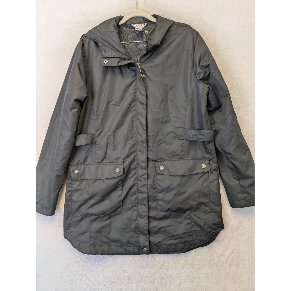 Avalanche‎ Rain Jacket Women's Large Black Hooded Longline Mesh Lined Zip Snap